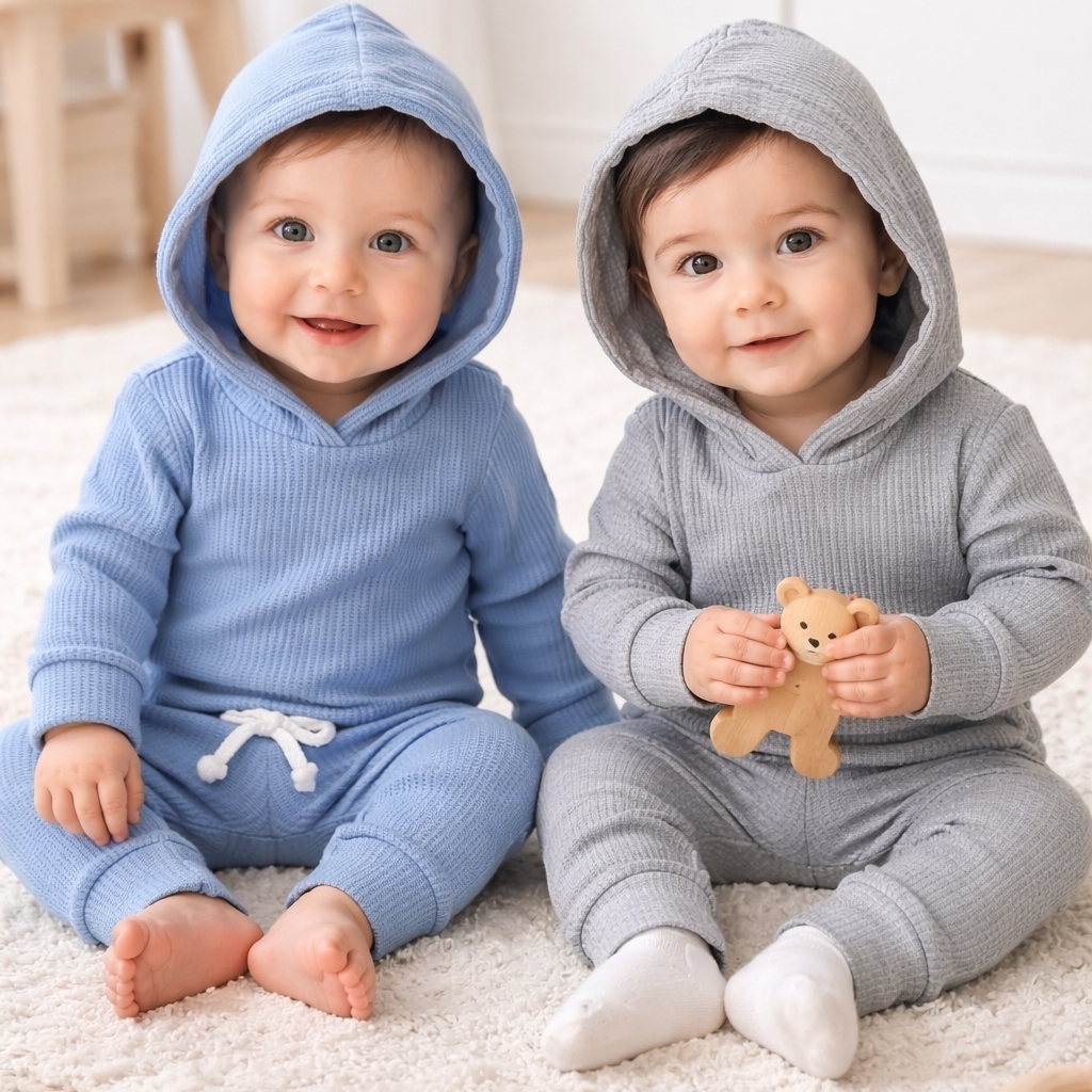 Baby Waffle Knit Hoodie Set 2pc Blue Gray Infant Outfit Size 0-3m 60 Cozy #1897